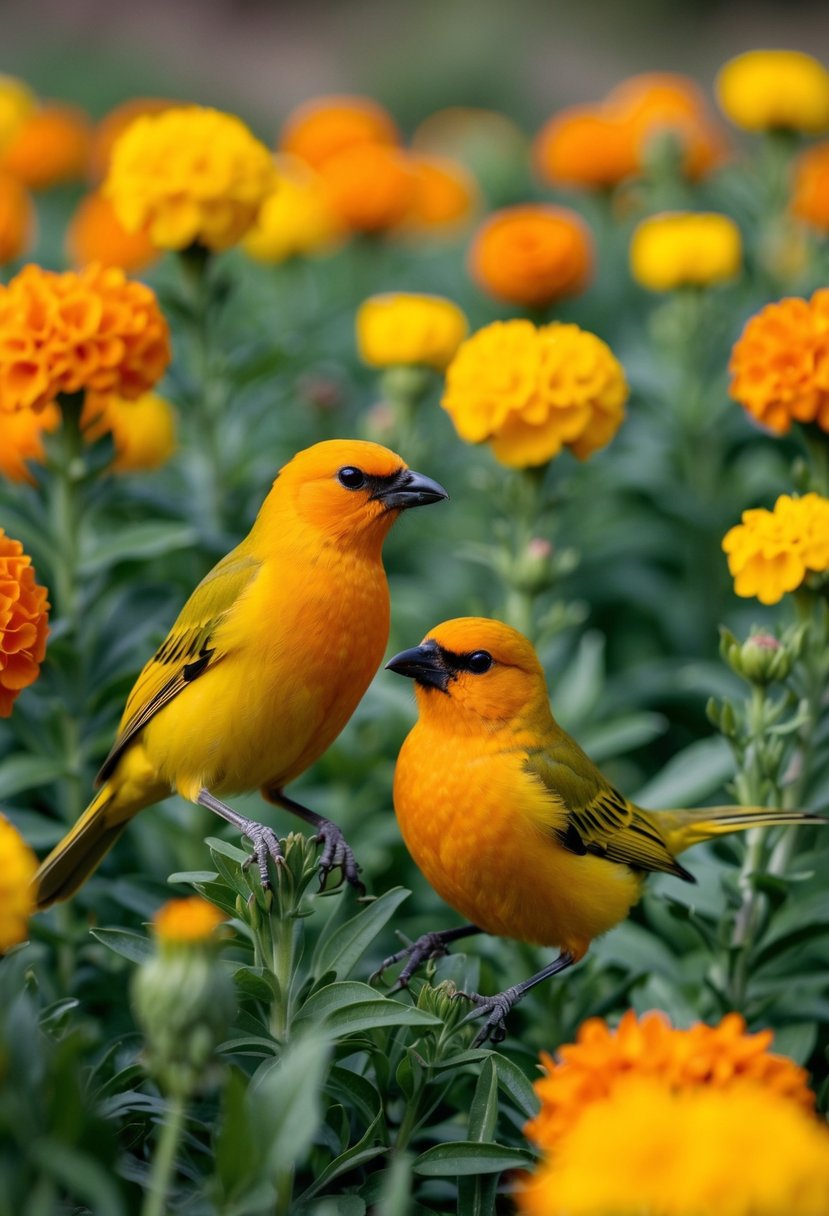 Two vibrant orange and yellow birds frolicking in a field of marigolds and tangerines