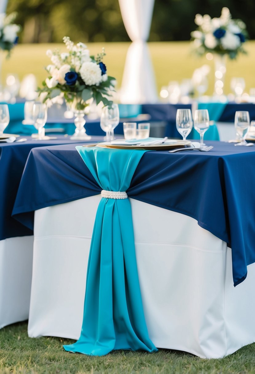 Navy blue and white tablecloths with cyan runners on a wedding reception table