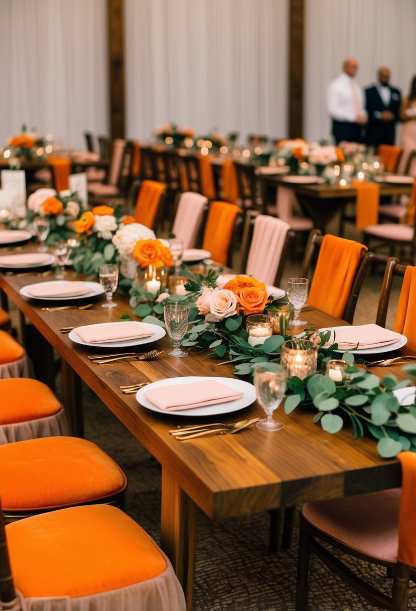 Wooden tables adorned with burnt orange and blush pink accents in a wedding reception setting