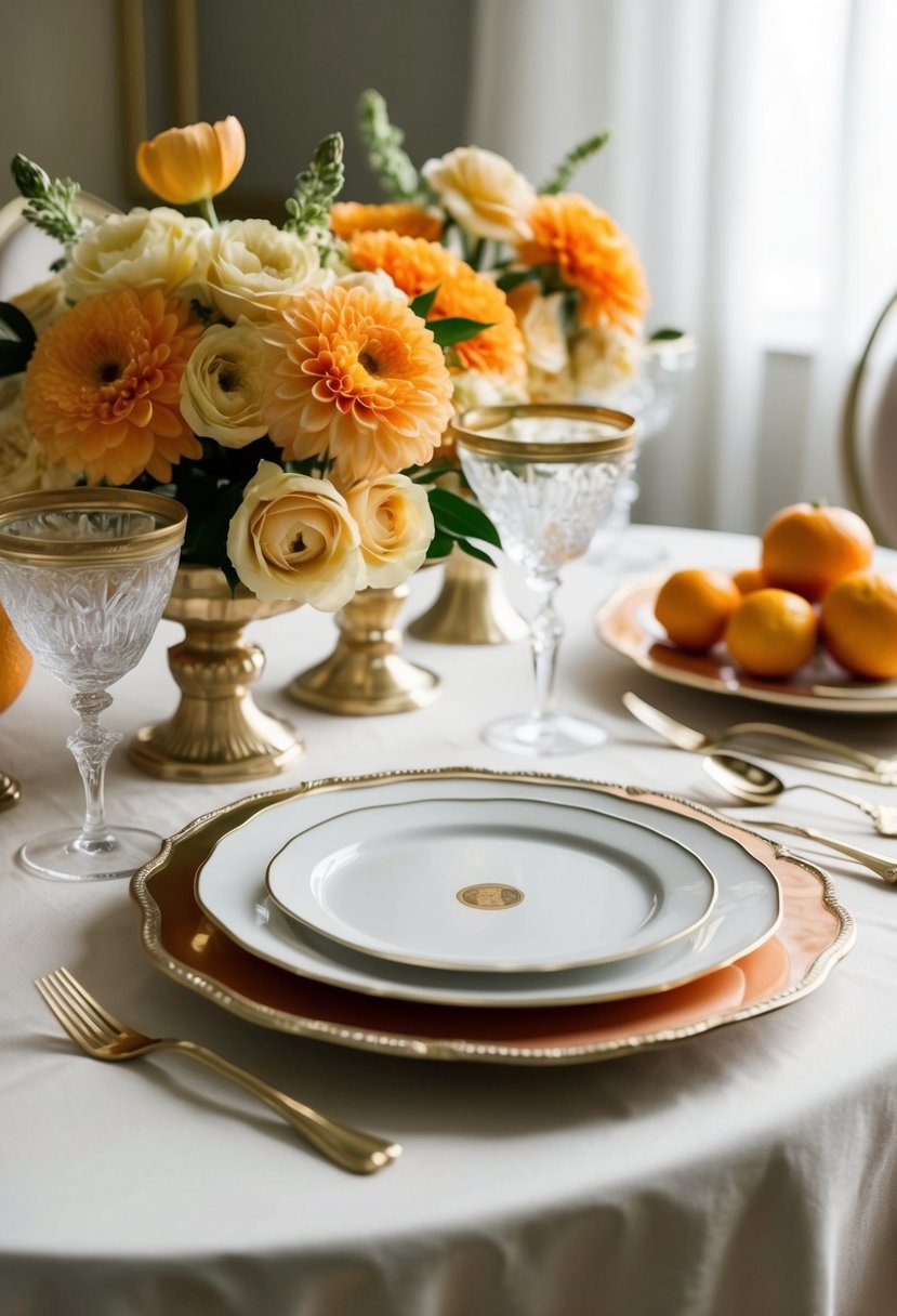 A table set with creamy orange flowers, citrus fruits, and elegant dinnerware