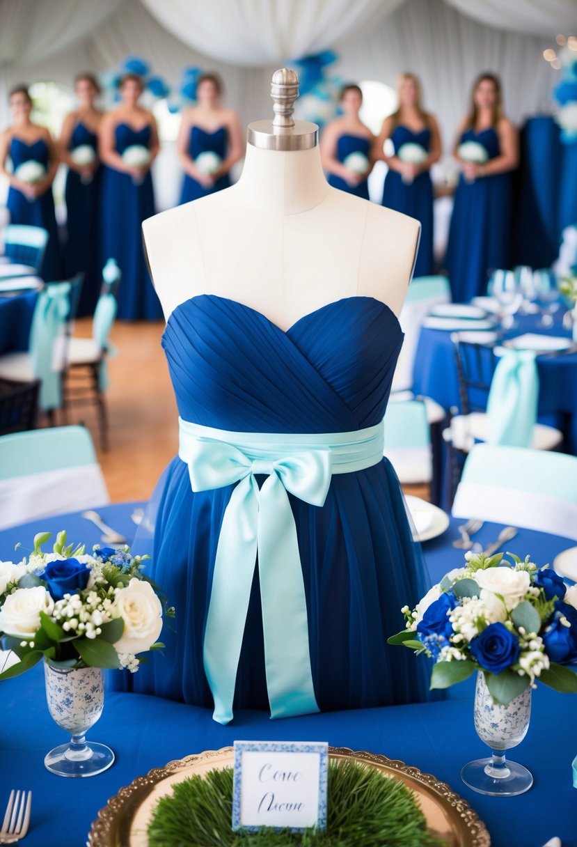 Navy blue dresses with light cyan sashes, matching bouquets, and table decorations in a navy blue and light cyan wedding theme