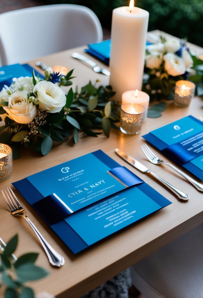 Cyan and navy wedding invitations with silver foil accents on a decorated table with coordinating flowers and candles