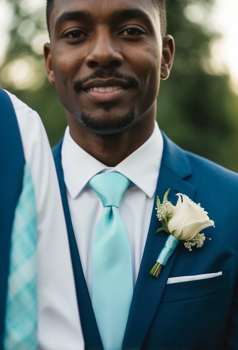 Light cyan ties on navy suits at a wedding