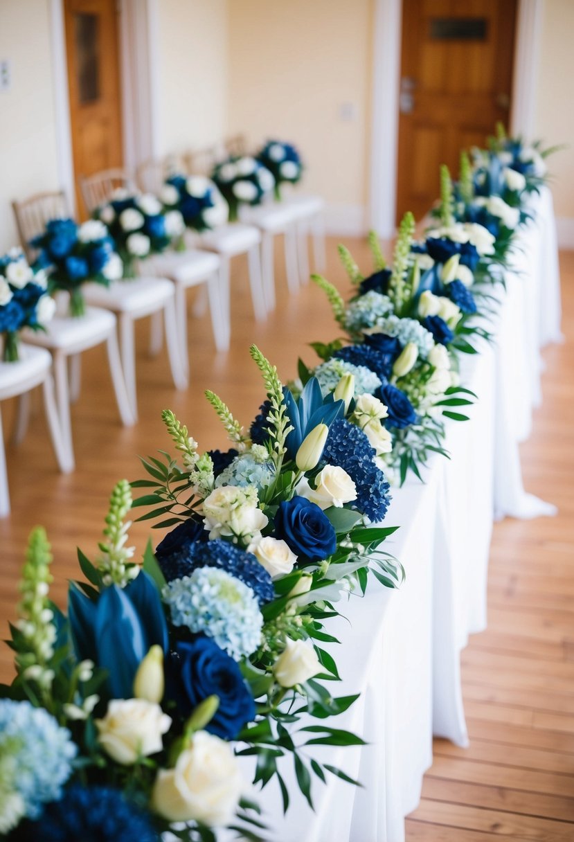 Navy and cyan flower arrangements line the aisle in a light-filled wedding setting