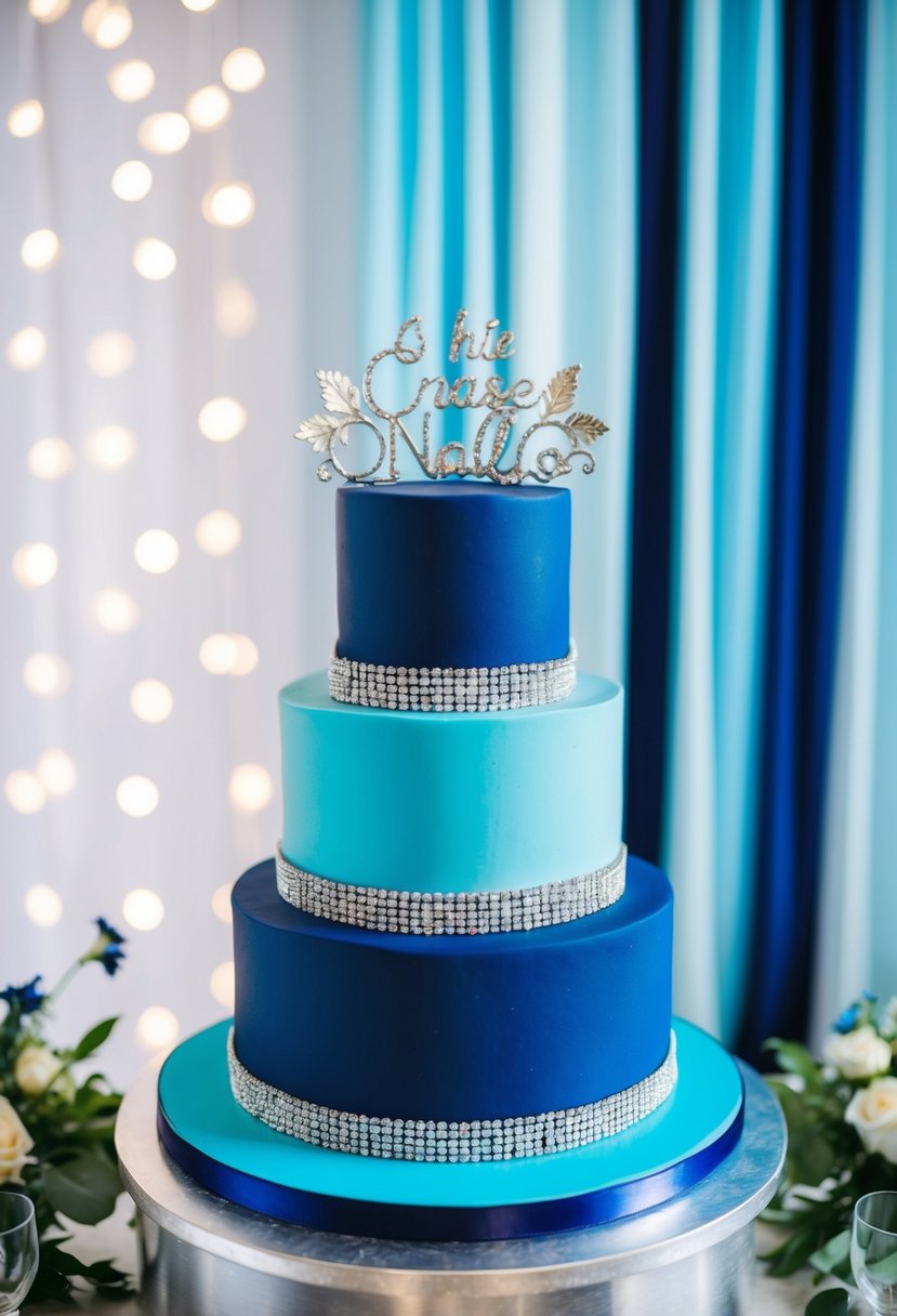 A cyan and navy blue cake adorned with silver accents, set against a backdrop of light cyan and navy blue wedding decor