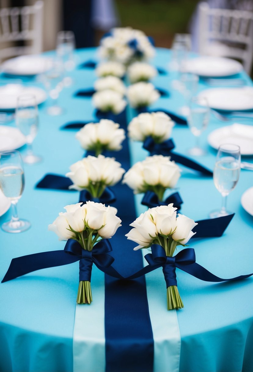 White boutonnieres with navy and cyan ribbons arranged on a light cyan and navy blue wedding table