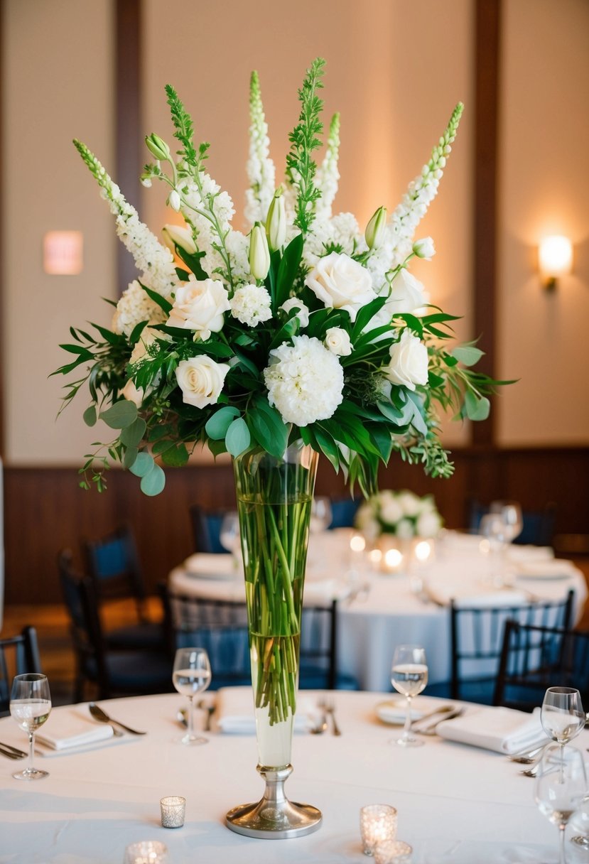 A tall vase filled with white flowers and greenery sits as a centerpiece on a wedding reception table