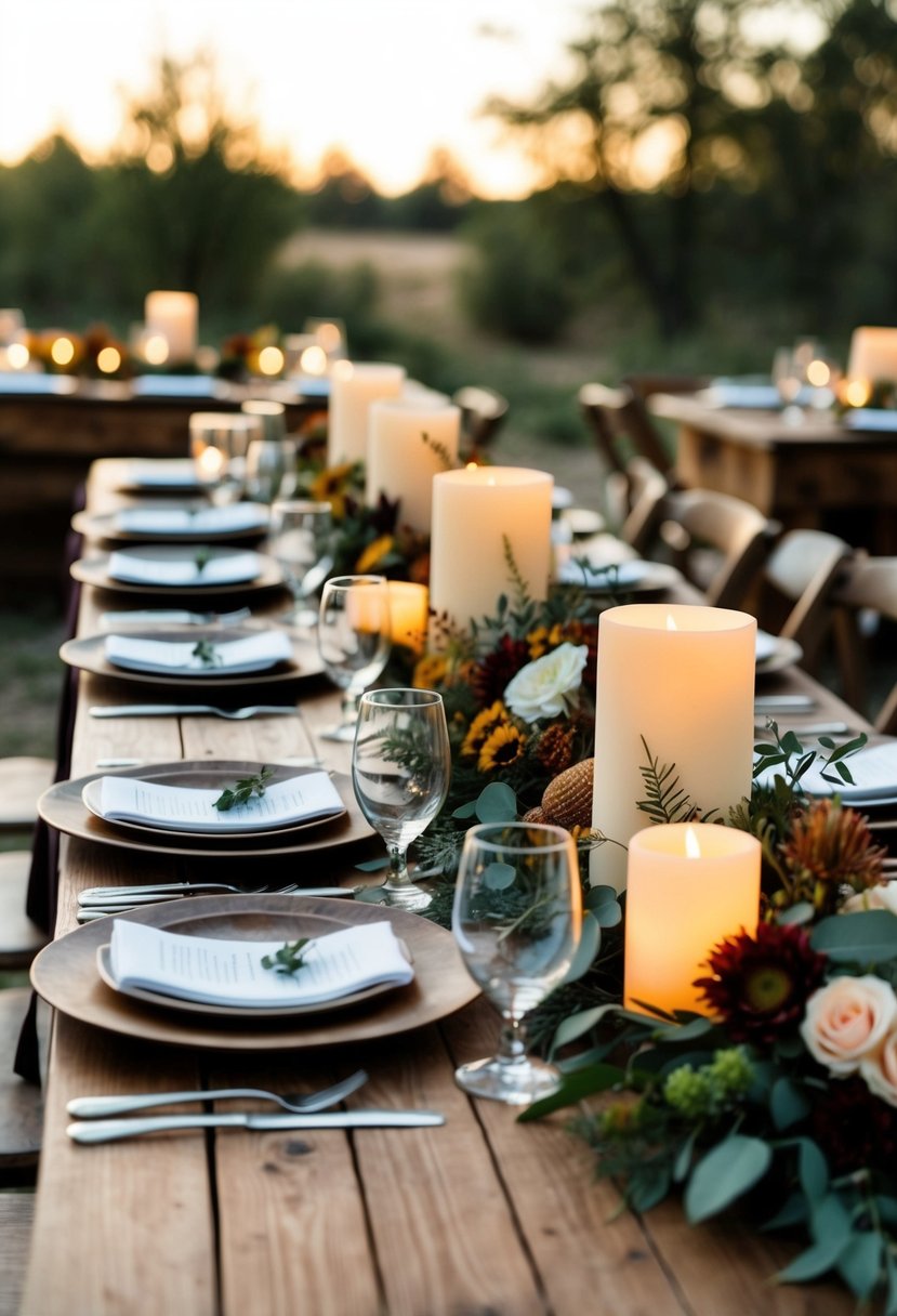 A rustic outdoor wedding with brown wooden tables, earthy floral centerpieces, and warm candlelight