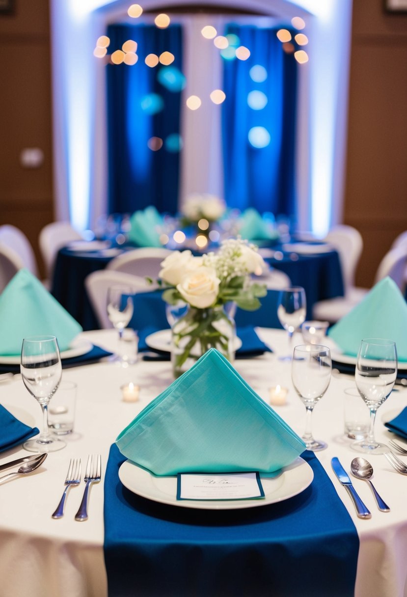 Light cyan napkins and navy blue table settings arranged for a wedding reception