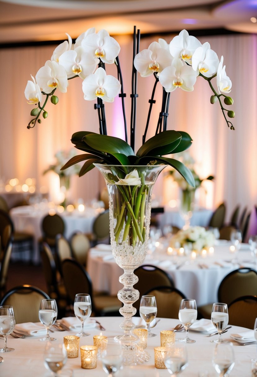 A tall crystal vase filled with white orchids sits as a centerpiece on a wedding reception table, adding elegance and beauty to the decor