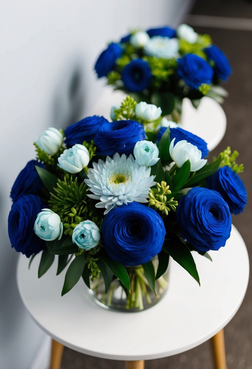 Navy blue bouquets with light cyan flowers arranged on a white table