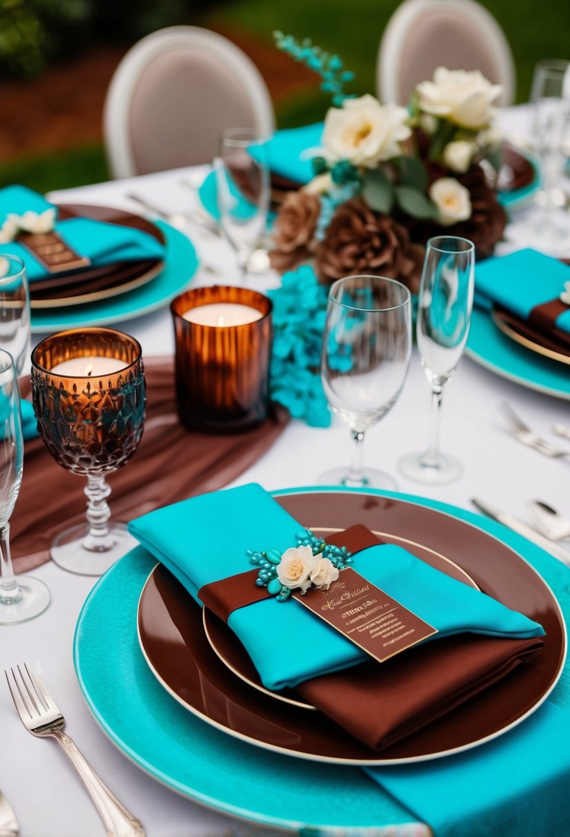 A luxurious wedding table setting with chocolate brown and turquoise accents