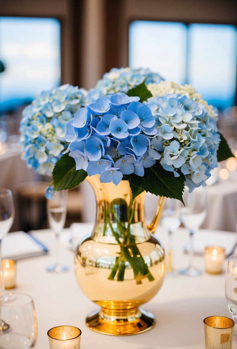 A gold-rimmed glass vase holds blue hydrangeas on a wedding reception table