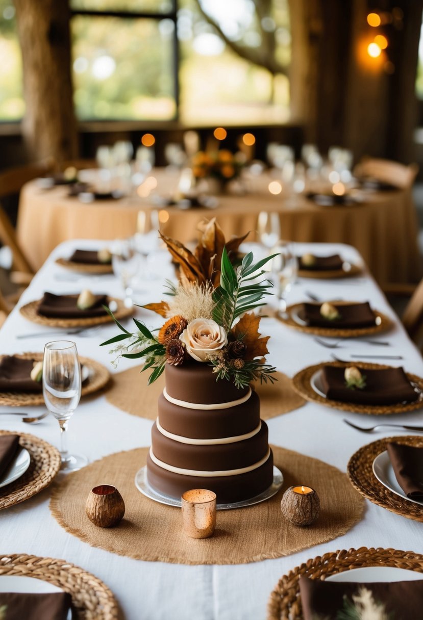 A rustic burlap and chocolate-themed wedding table adorned with earthy brown decor and natural textures