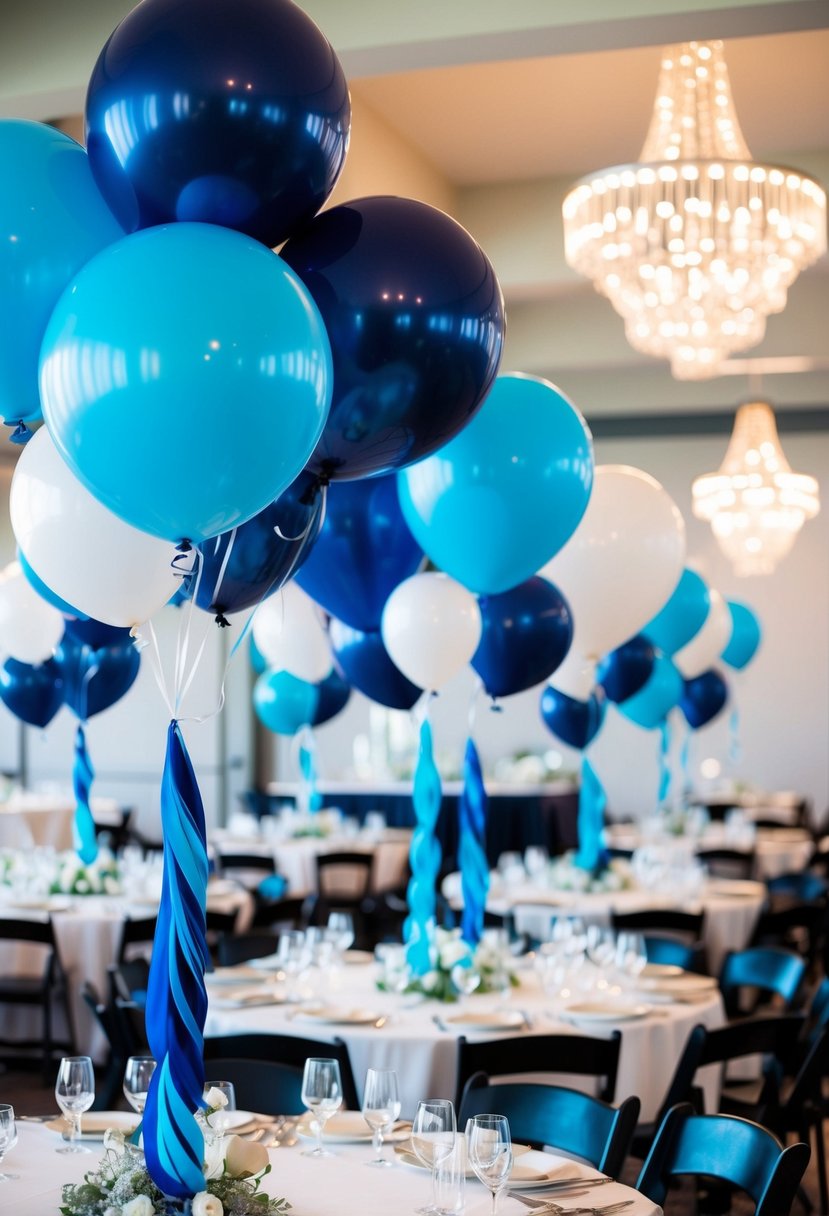 Cyan and navy balloons fill a wedding venue, complementing the light cyan and navy blue decor