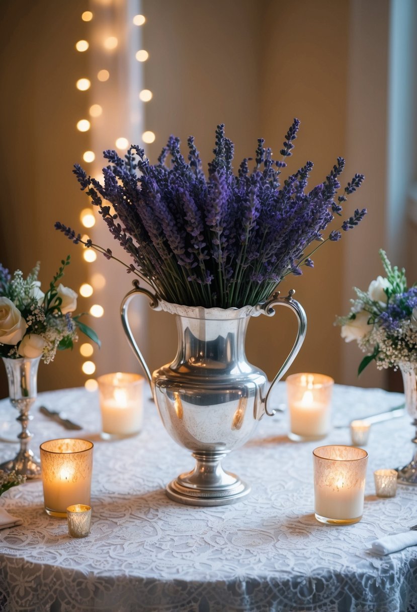 A vintage silver vase filled with lavender sits atop a lace-covered table, surrounded by flickering candlelight and delicate floral arrangements