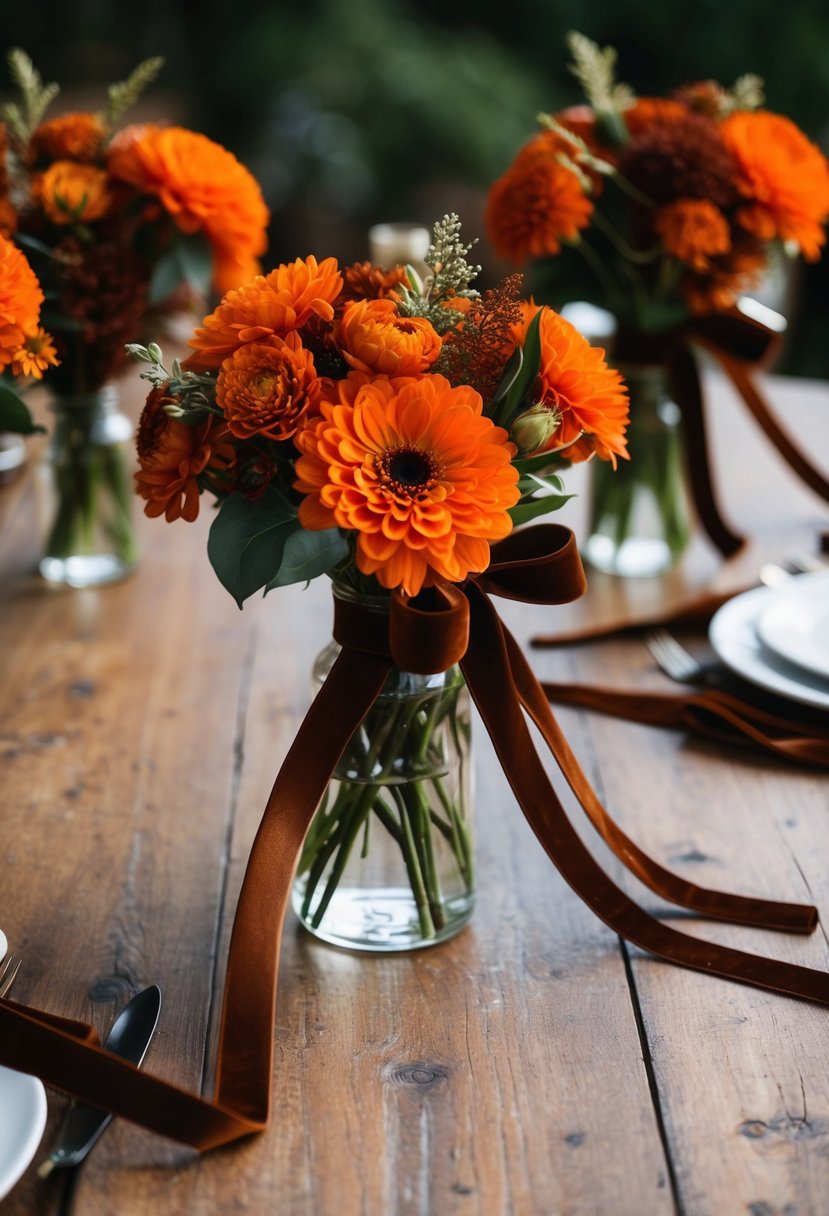 Burnt orange flowers and brown velvet ribbons adorn a rustic wedding table