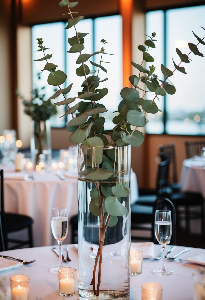 A tall glass cylinder vase filled with fresh eucalyptus branches, placed as a centerpiece on a wedding reception table