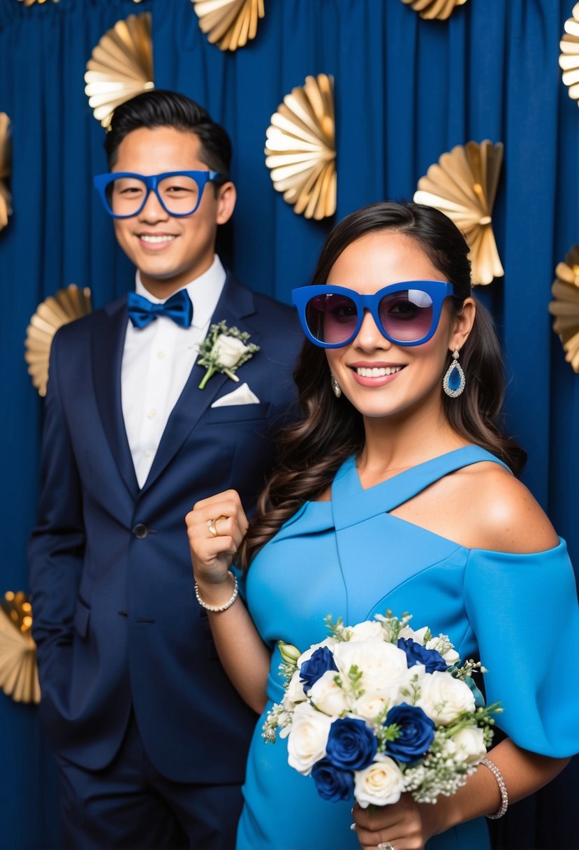 A navy blue and cyan photo booth backdrop with wedding decor in matching colors