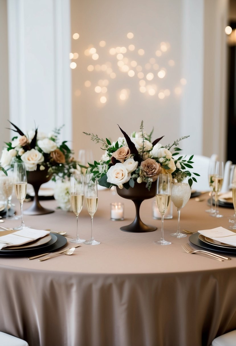 A champagne and brown wedding table setting with minimalist floral centerpieces and elegant, understated decor