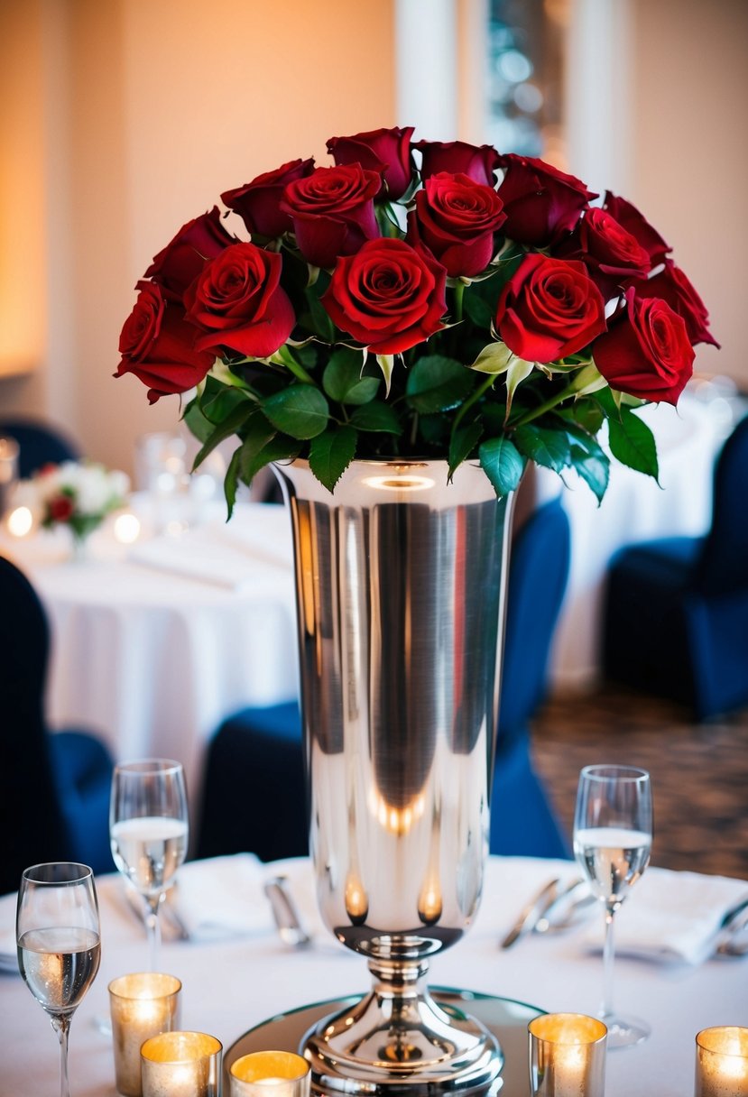 A tall metallic vase holds a bouquet of red roses, set on a wedding table as a decorative centerpiece