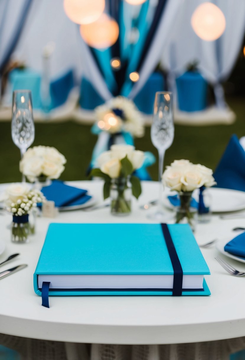 A light cyan and navy blue guestbook sits on a table surrounded by wedding decor and ideas