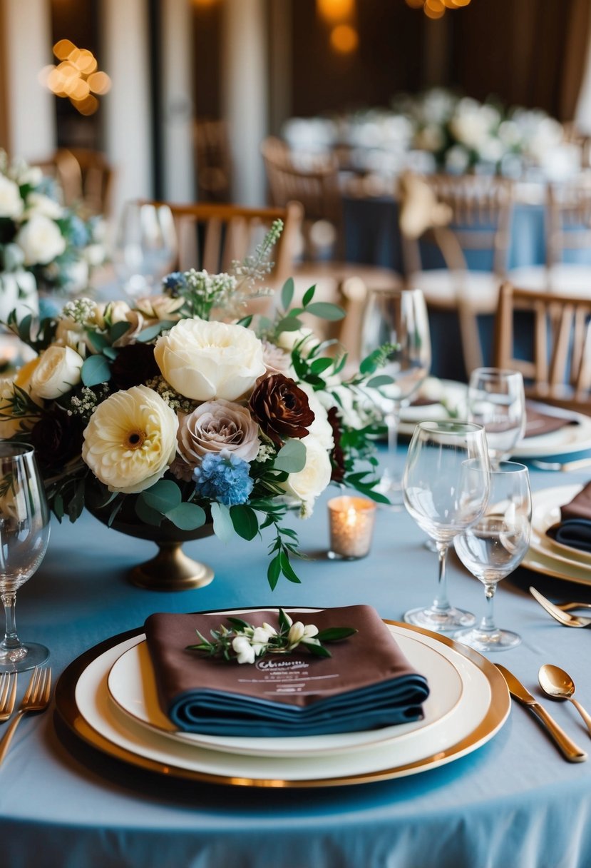 A dusty blue and chocolate charm brown wedding table setting with floral centerpieces and elegant place settings