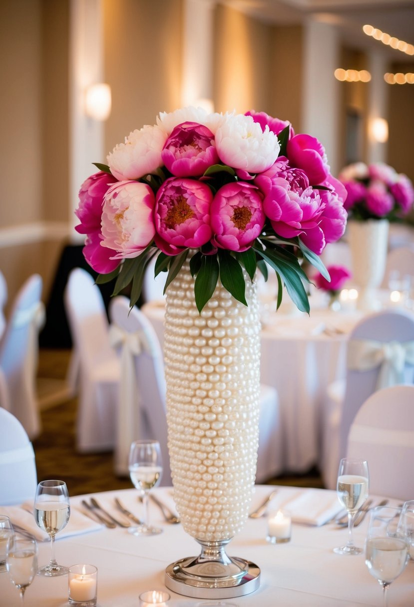 A tall, pearl-white vase filled with vibrant peonies sits atop a wedding reception table, adding a touch of elegance and romance to the decor