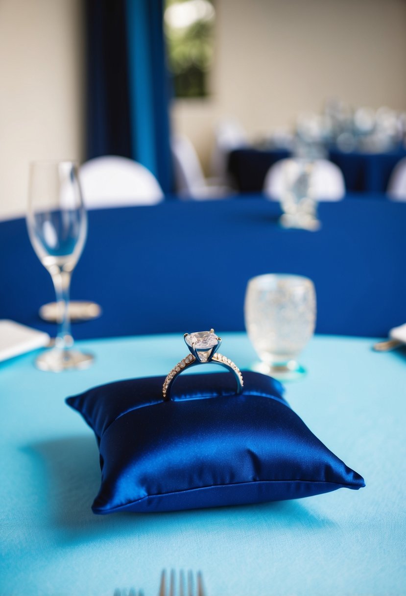 A navy blue and cyan ring pillow on a light cyan and navy blue wedding table