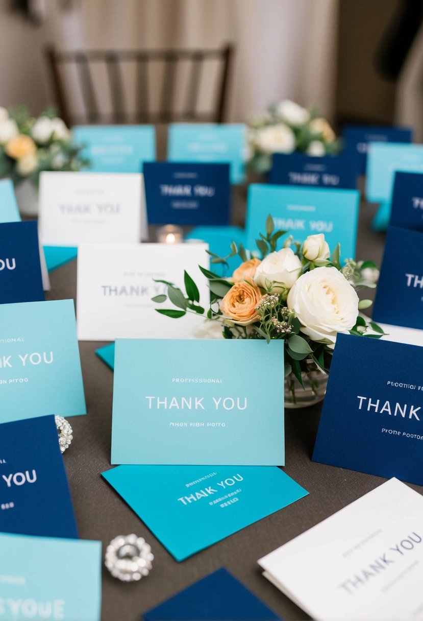 Light cyan and navy blue thank you cards arranged with wedding decor and flowers