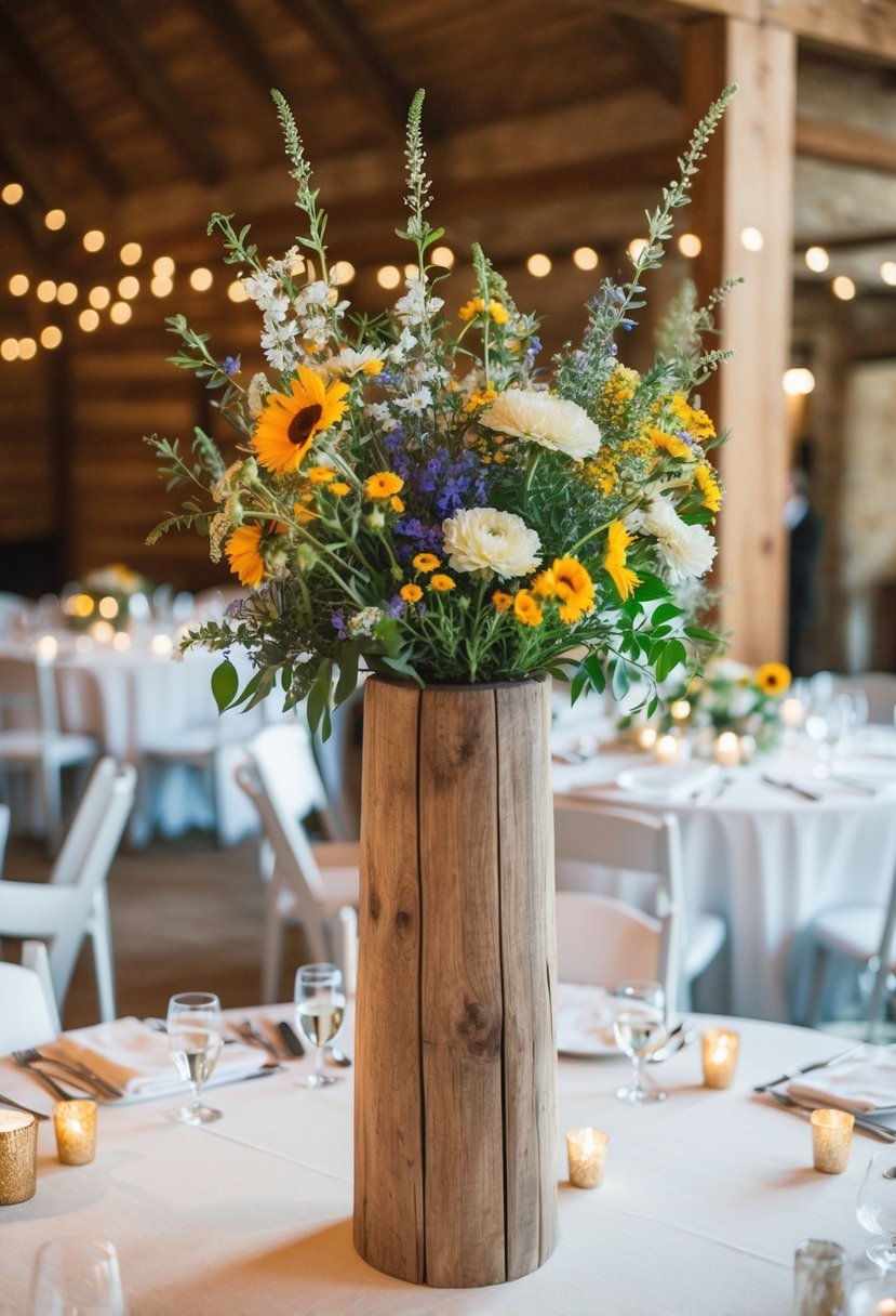 A tall rustic wooden vase filled with wildflowers sits as a centerpiece on a wedding reception table