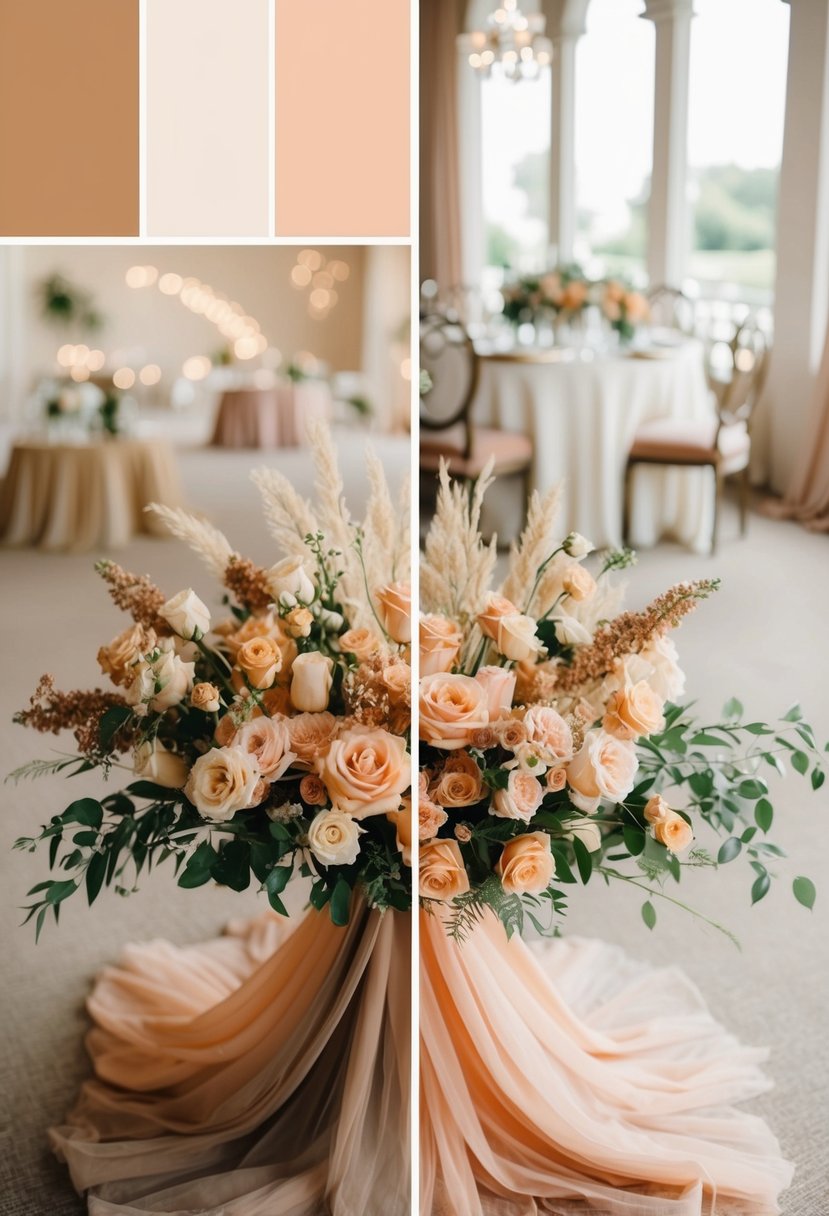 A peach and mocha delight wedding color palette with floral arrangements and decor in a romantic and elegant setting