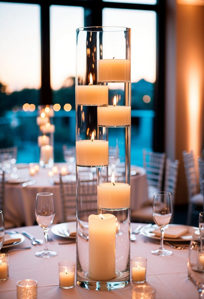 A tall, elegant clear vase holds floating candles as a centerpiece on a wedding reception table