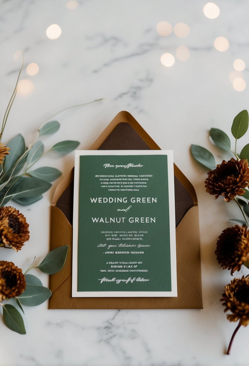 A sage green wedding invitation with walnut brown accents and matching floral arrangements