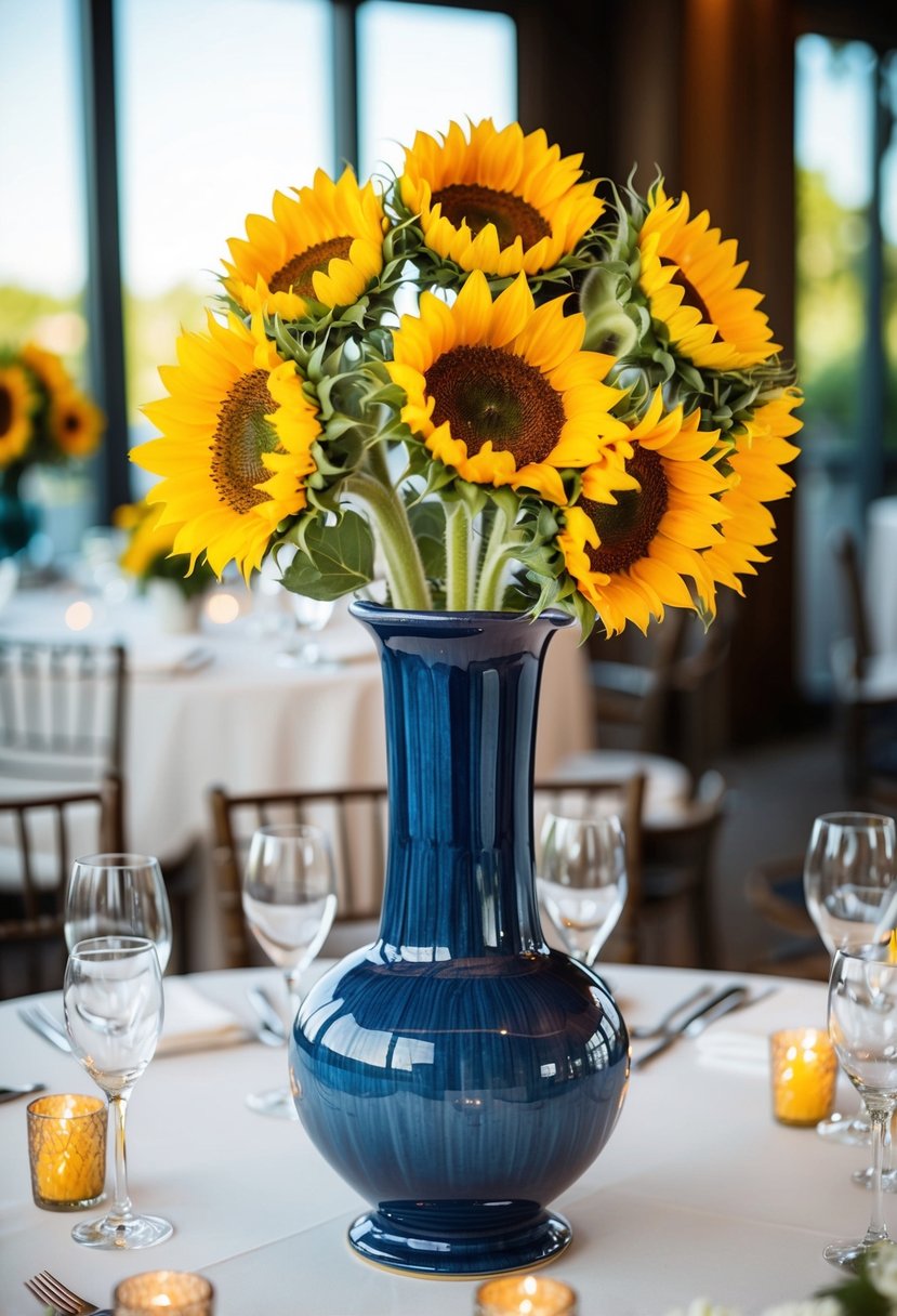 A tall ceramic vase filled with vibrant sunflowers sits as a centerpiece on a beautifully decorated wedding table