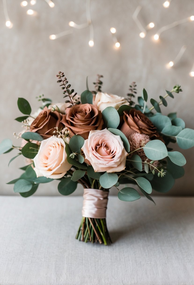 A blush pink and cocoa blend brown wedding bouquet with eucalyptus and roses