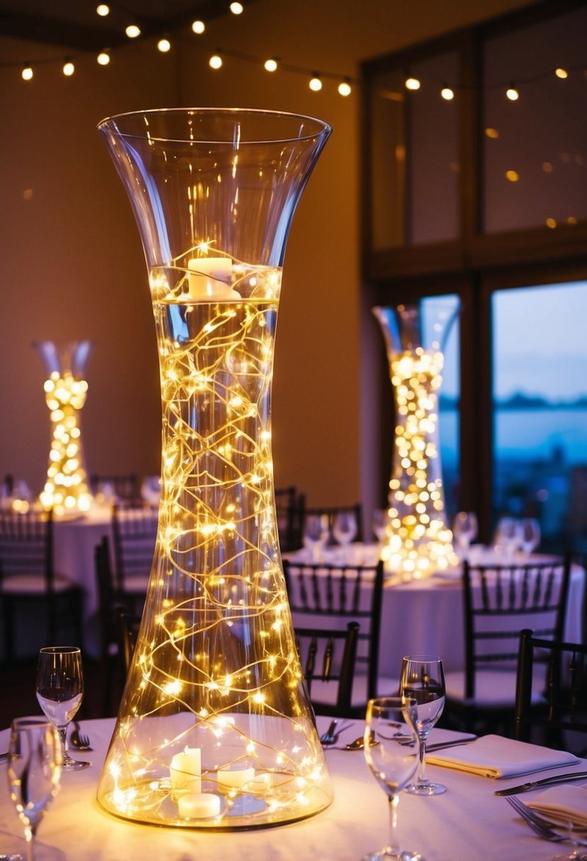 A tall glass tower vase filled with fairy lights illuminates a wedding table, creating a romantic and enchanting atmosphere