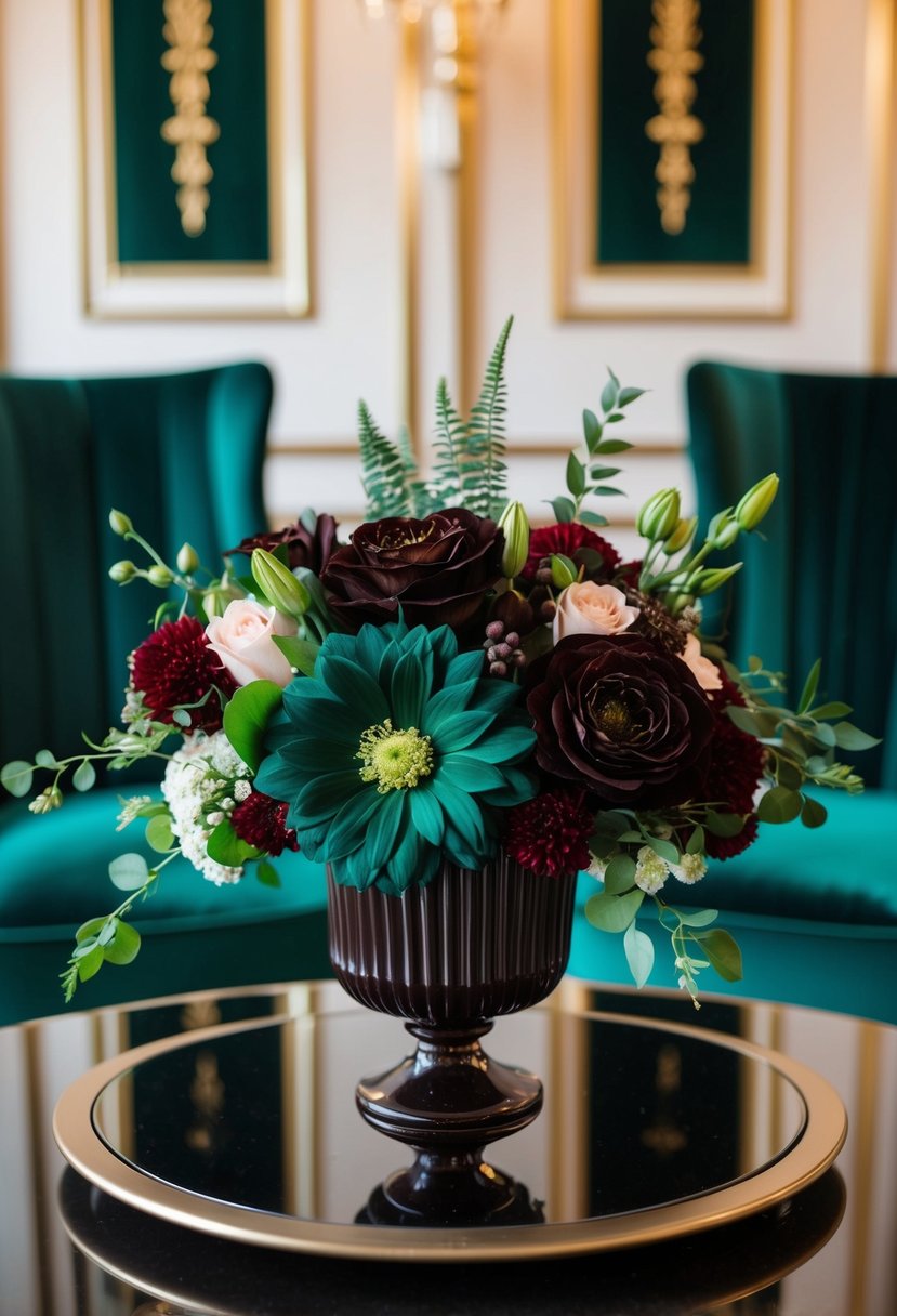 A rich emerald and dark chocolate color palette, with elegant floral arrangements and luxurious velvet accents