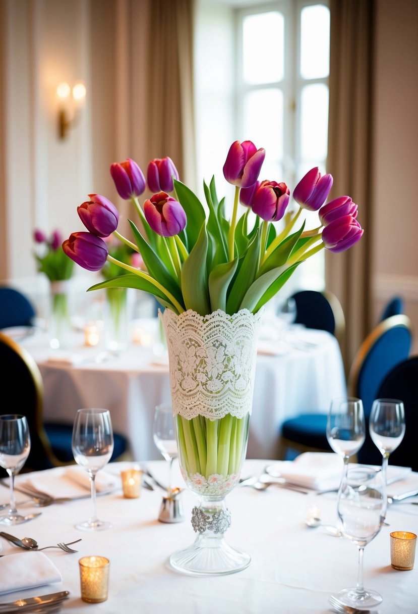 A tall vase adorned with delicate lace, filled with vibrant tulips, sits as a centerpiece on a beautifully set wedding table