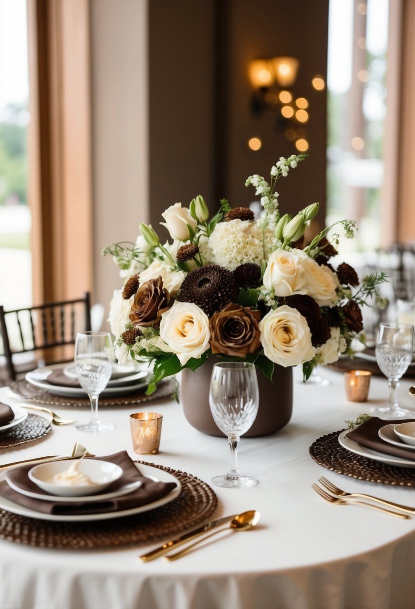 A table set with cream and coffee-colored flowers, linens, and decor for a chic brown wedding theme