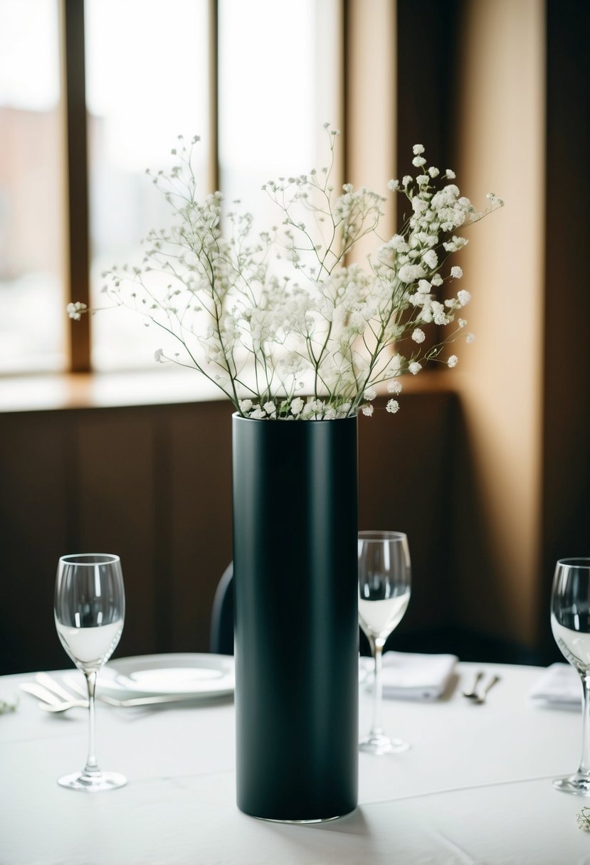 A tall, sleek black vase holds delicate sprigs of baby's breath, creating a minimalist and elegant wedding table decoration