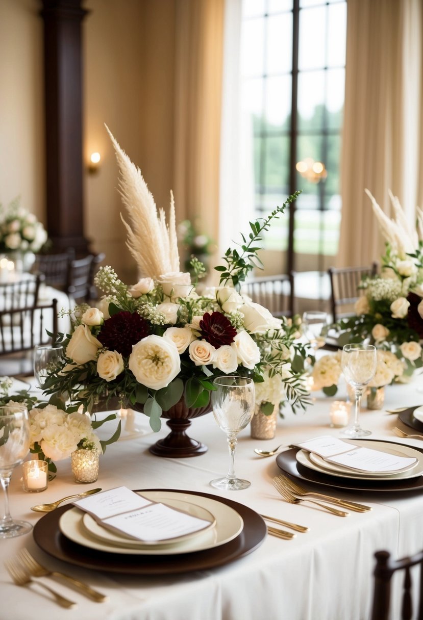 A wedding table adorned with ivory and mahogany decorations, including floral centerpieces and elegant place settings