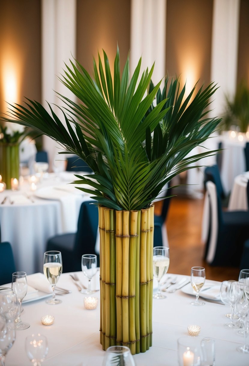 A tall bamboo vase filled with palm leaves serves as a striking centerpiece for a wedding table