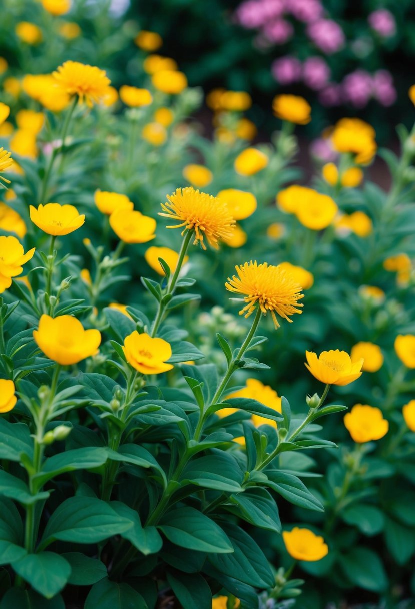 A lush emerald green garden with bursts of bright yellow flowers