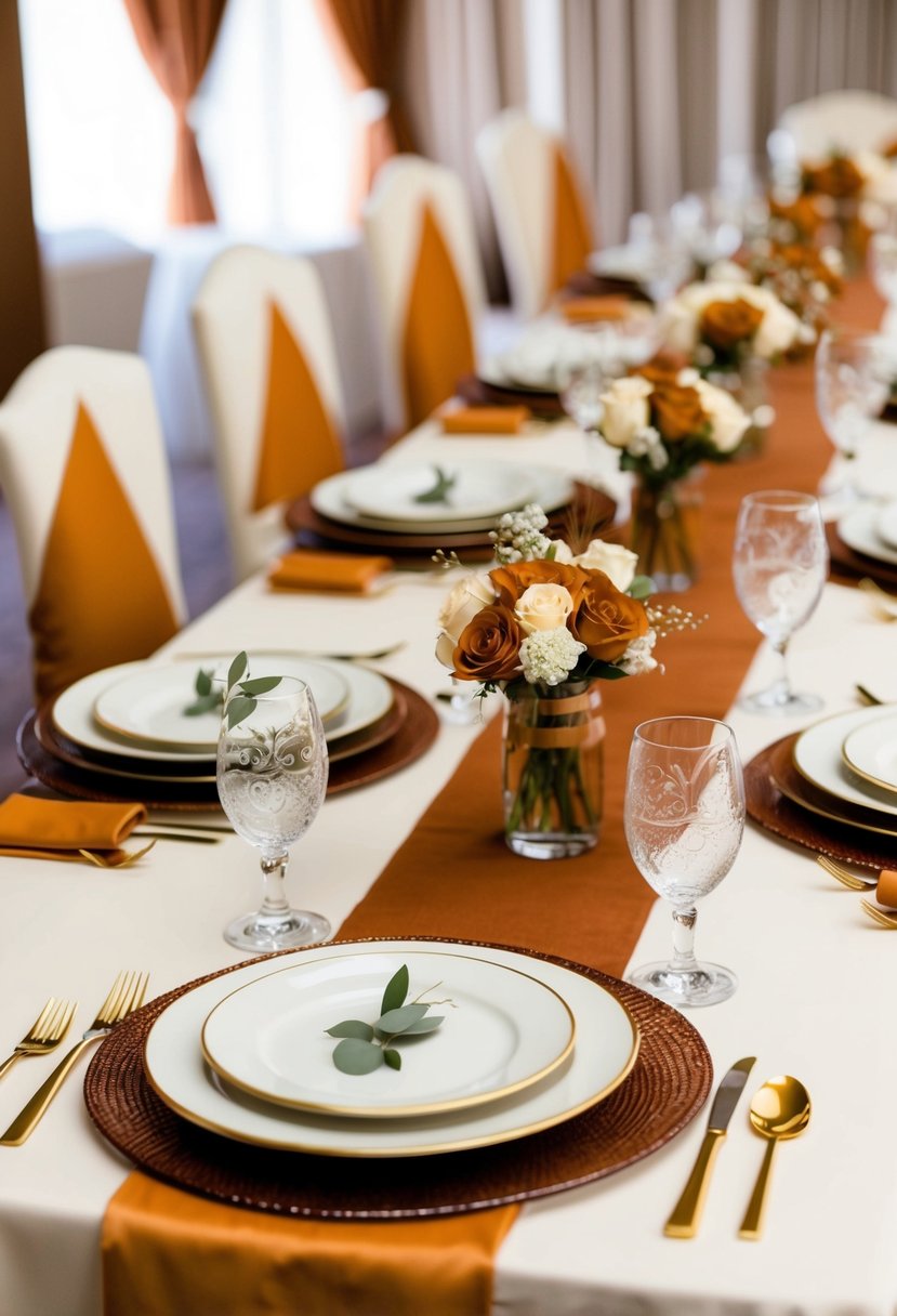 A wedding table set with cinnamon and beige decor, complemented by harmonious brown accents