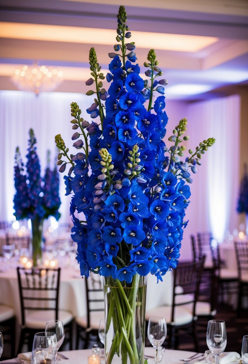 A tall, transparent vase filled with vibrant blue delphiniums stands as a stunning centerpiece on a wedding reception table