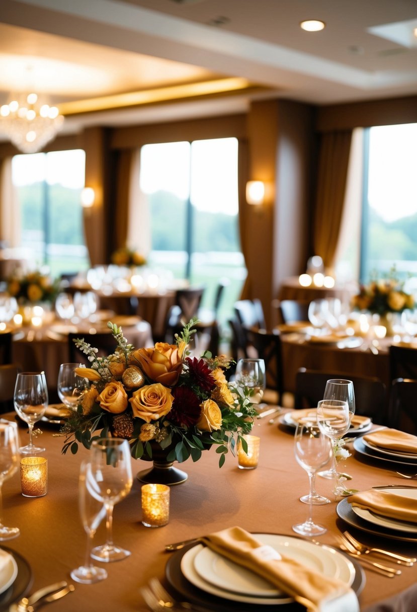 Golden highlights shimmer on chestnut brown wedding decor, from floral arrangements to table settings, creating a warm and elegant ambiance