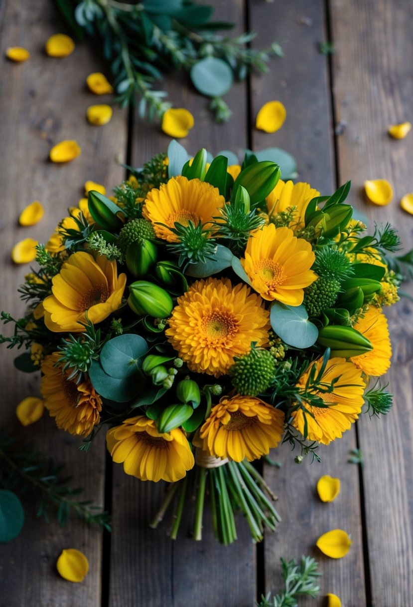 An emerald green and mustard yellow bouquet sits on a rustic wooden table, surrounded by scattered flower petals and greenery