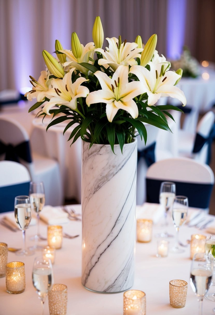 A tall marble effect vase filled with lilies sits as a centerpiece on a wedding reception table, surrounded by elegant decor