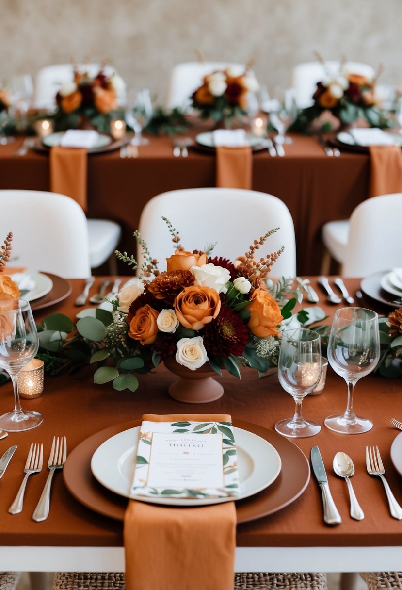 A terracotta and toffee brown wedding table setting with matching floral arrangements and elegant place settings